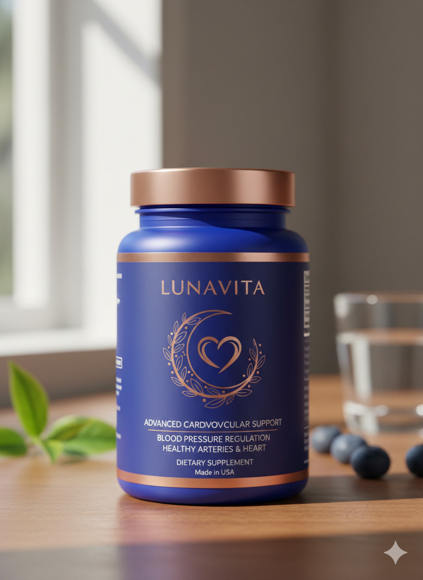Lunavita food supplement bottle and box on a neutral surface